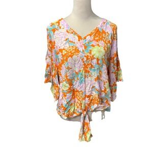 Democracy Floral V Neck Blouse Womens Medium Orange Boho Tie Hem Top